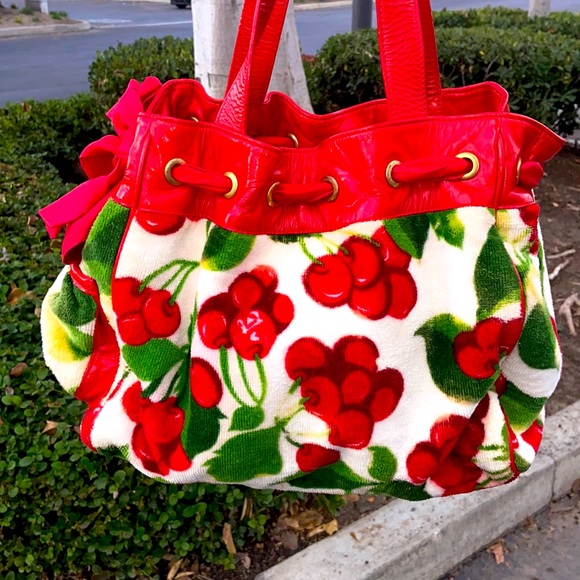 Y2K Juicy Couture CHERRY PRINT VELOUR TERRY DAYDREAMER WEEKENDER BAG CHERRIES - Picture 3 of 15